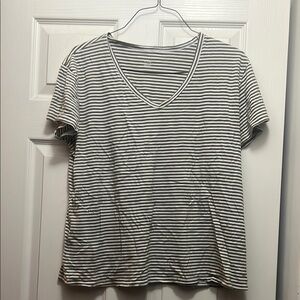 Old Navy Black and White Striped V-Neck T-Shirt